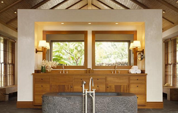 Wooden accents in a tropical bathroom