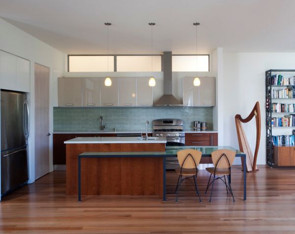 Wooden tones of the harp seem to fit in seamlessly with the rest of the kitchen