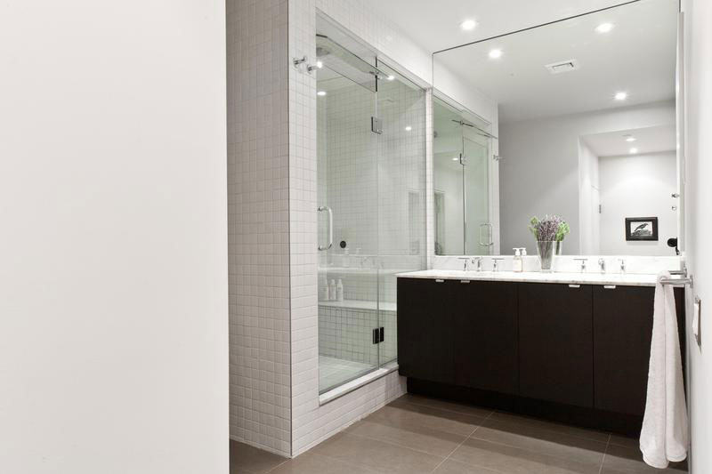 black and white bathroom with small tiles