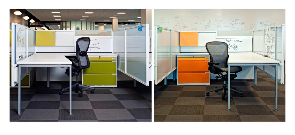 These cubes have plenty of whiteboard space with cabinets in bright accent colors