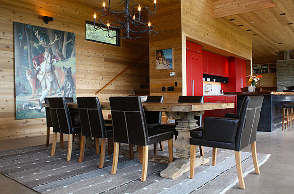 Animal-themed artwork in a rustic dining space