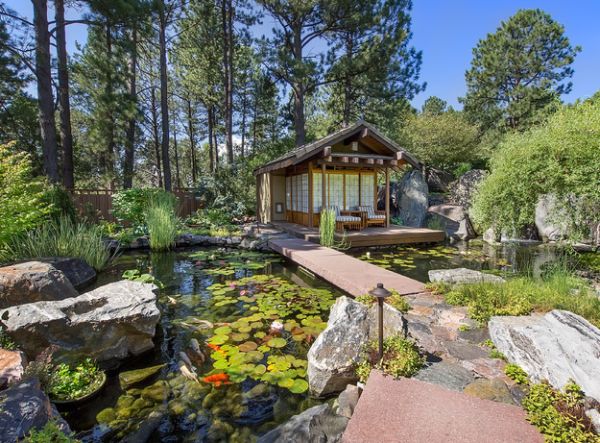 Asian-inspired landscape with an amazing natural koi pond