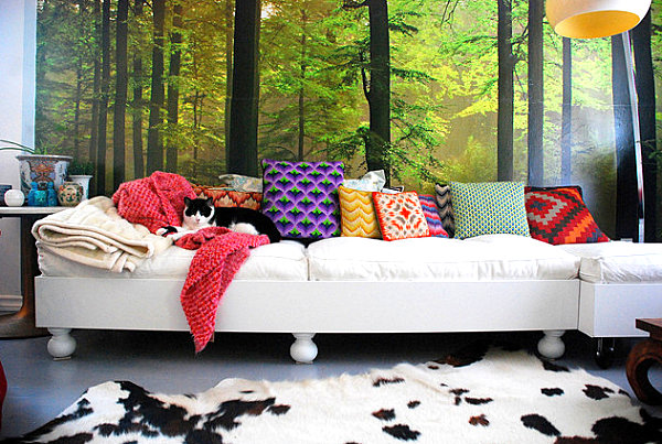 Assortment of colorful pillows in a vivid interior