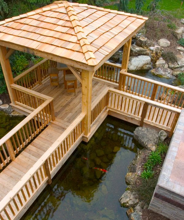 Awesome deck space right above the koi pond offers great visuals