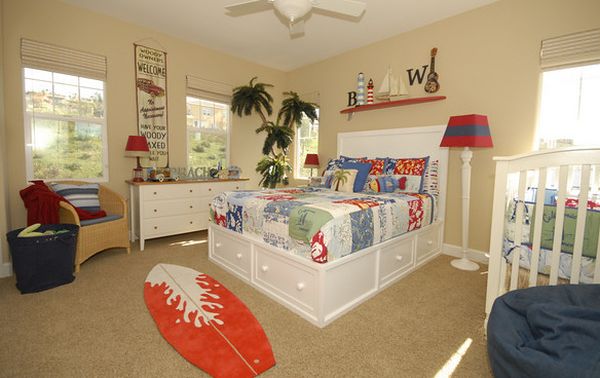 Boys' bedroom with surfboard rug!