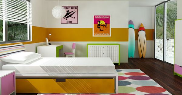 Bright surfboards add to the color scheme in the room