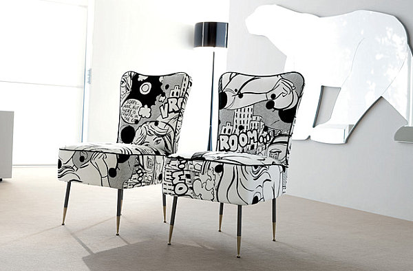 Chairs upholstered in cartoon fabric