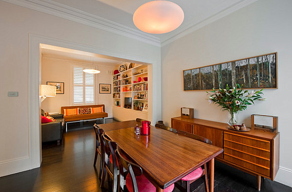 Colorful candle and seating in a dining space