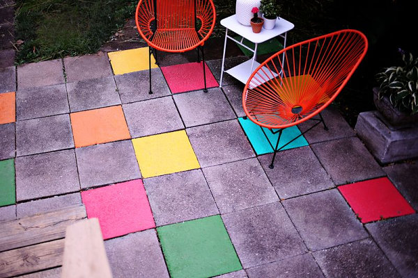 Colorful painted patio tiles