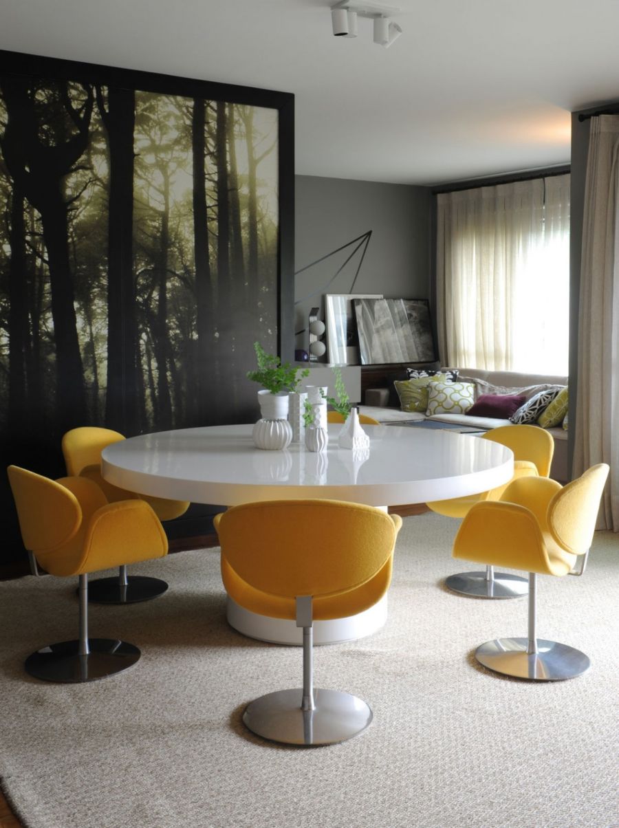 Contemporary dining space with yellow splashes