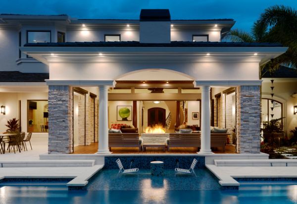 Contemporary patio and shallow pool steal the show here!