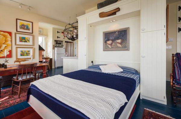 Cool cottage styled Murphy bed in blue and white