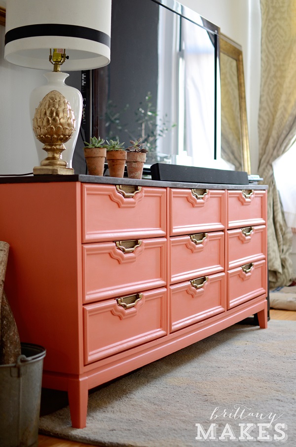 Coral dresser with gold pulls