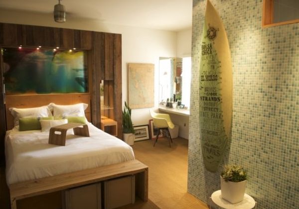 Elegant mounted surfboard in the bedroom