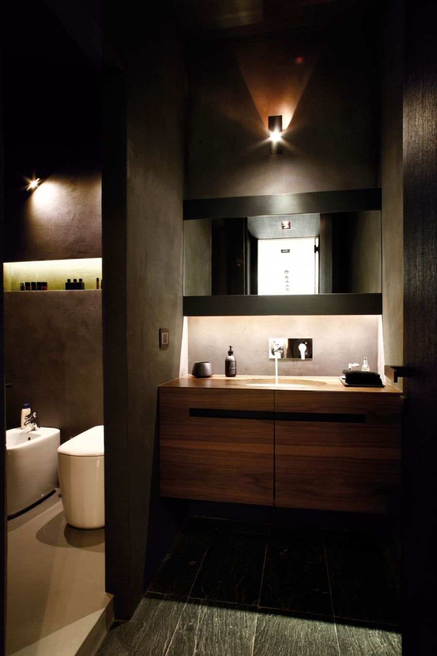 Floating wooden vanity in the bathroom