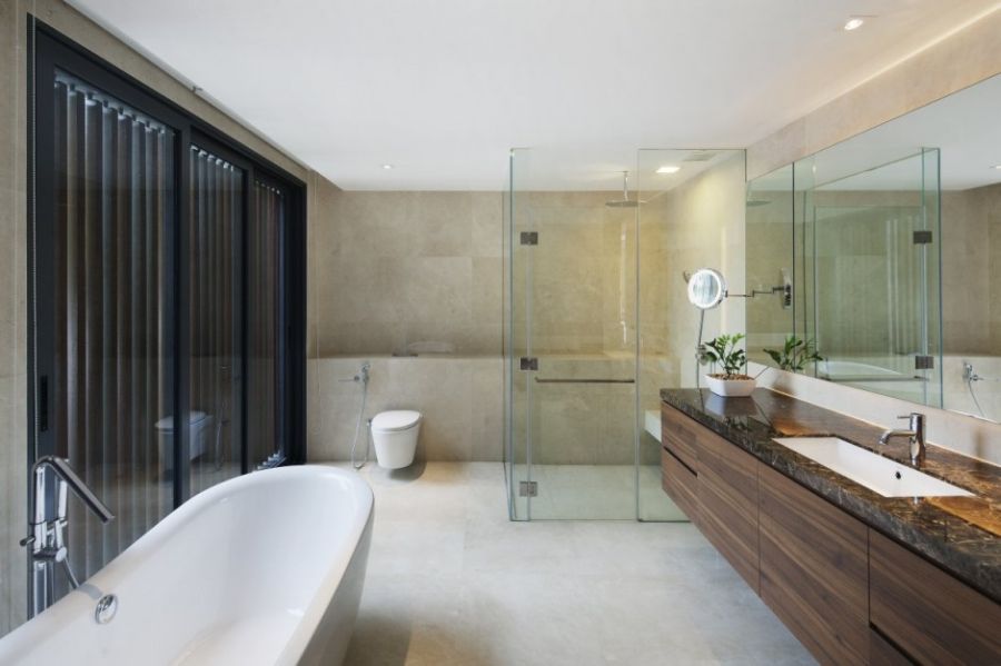 Glass shower area in the bathroom