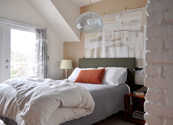 Gray waxed canvas upholstered headboard