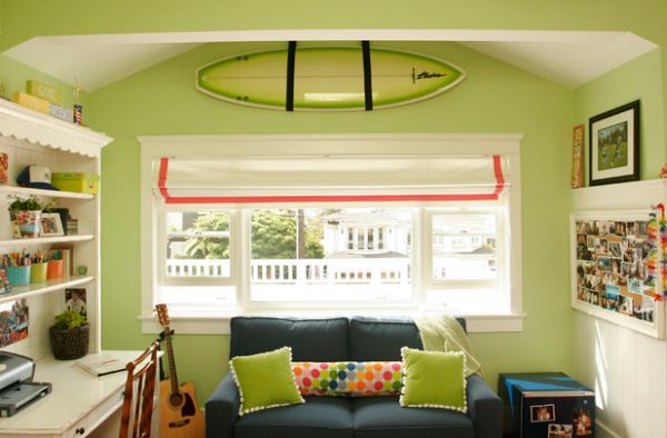 Kids' room with mounted surfboard that disappears into the background