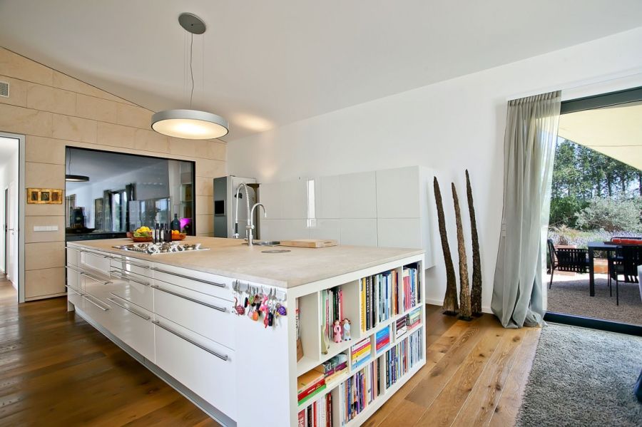 Kitchen island with bookshelf at its end