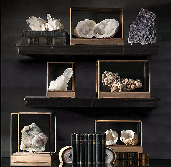 Mineral specimens on shelf and table