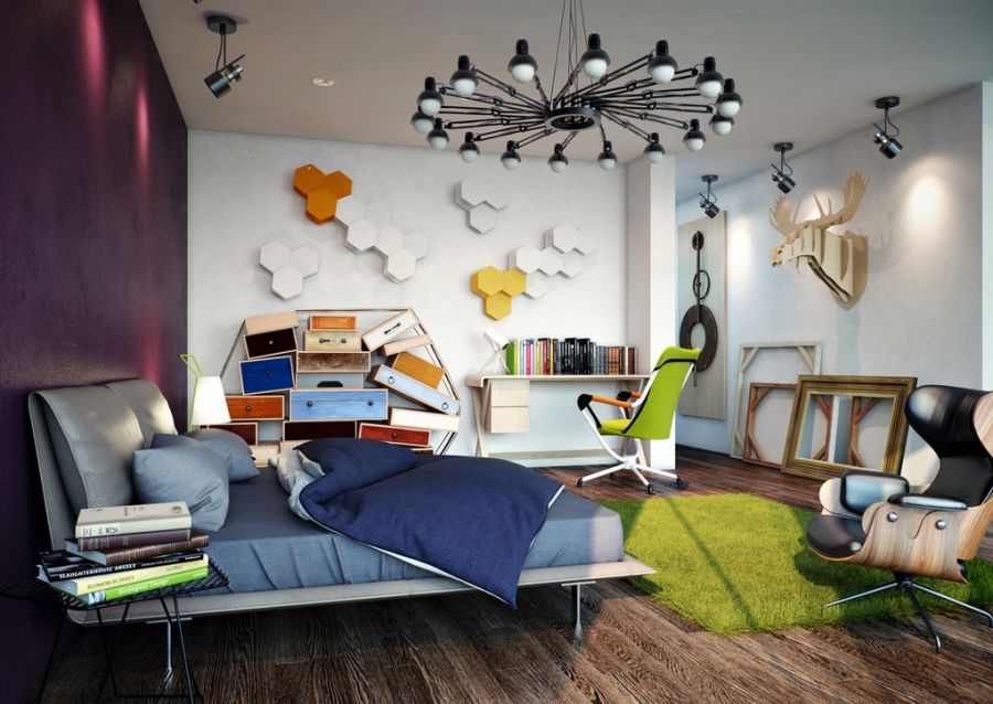 Modern bedroom with hexagonal wall art