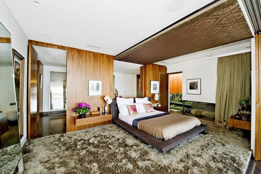 Modern bedroom with wooden accents