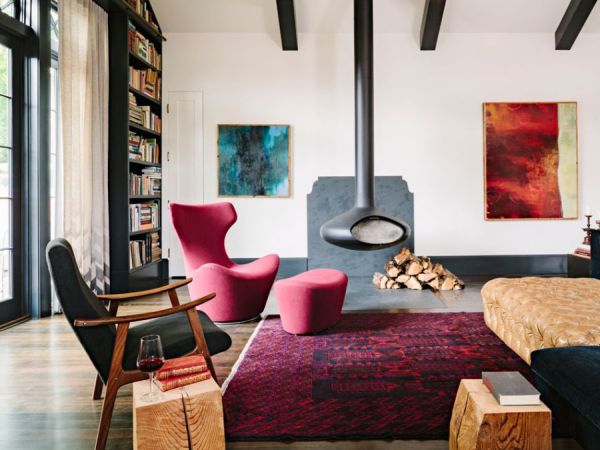 Modern fireplace keeps the library house warm