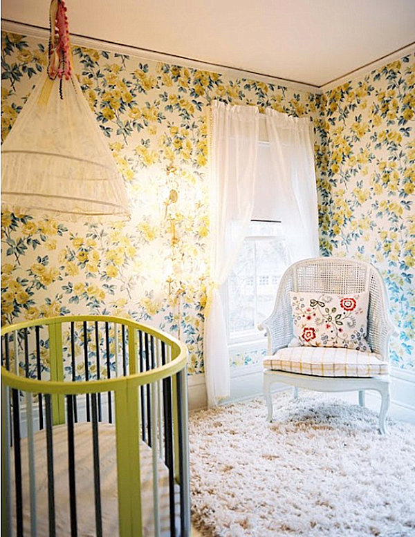 Nursery with vintage wallpaper