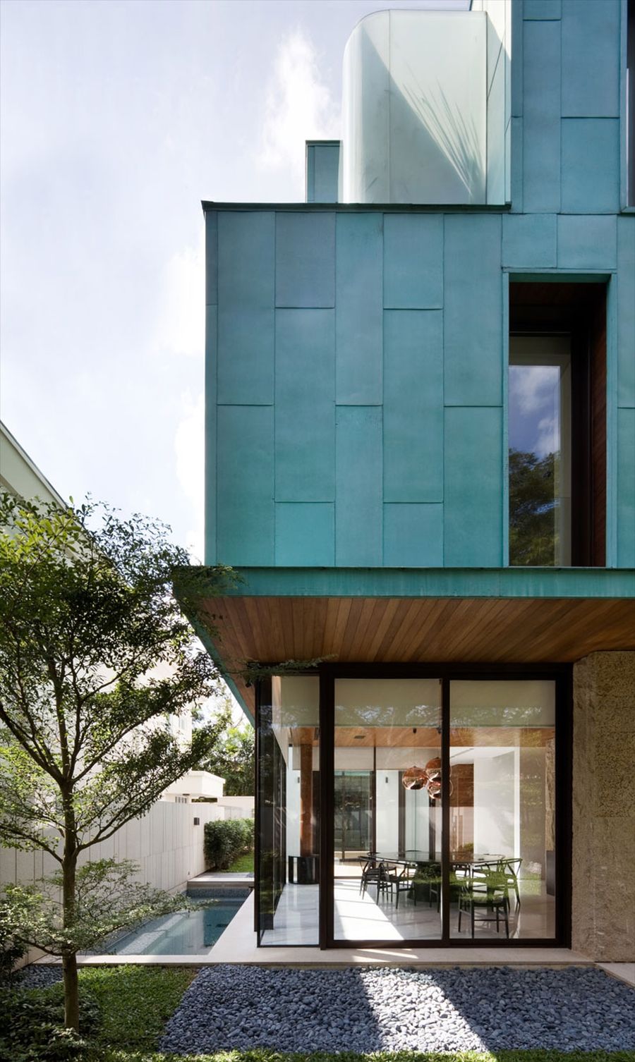 Patina-aged copper clad exterior of the Green House