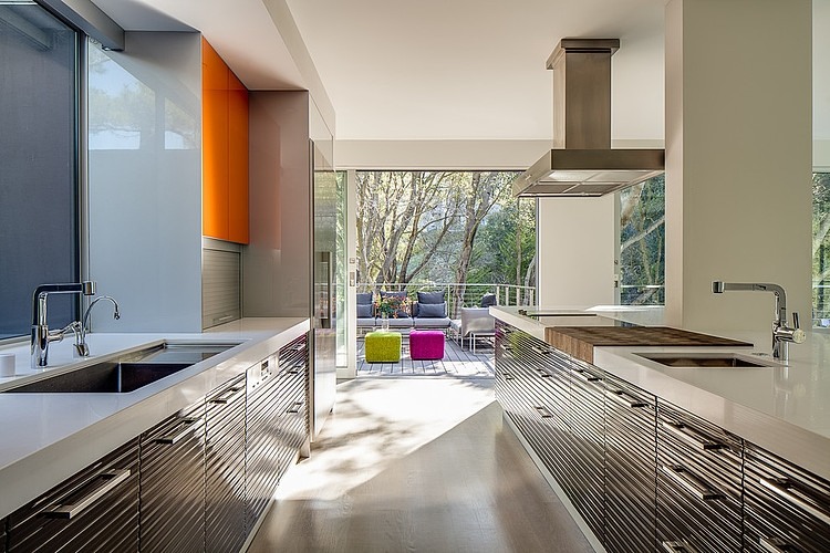 Sleek shelves in the kitchen at the Portola Valley House