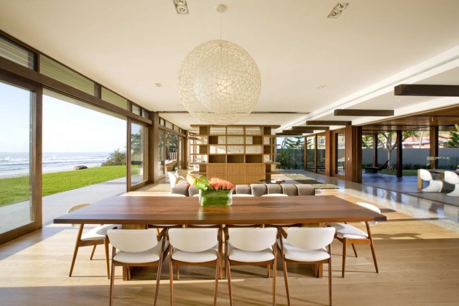 Sliding glass doors connect the outdoors