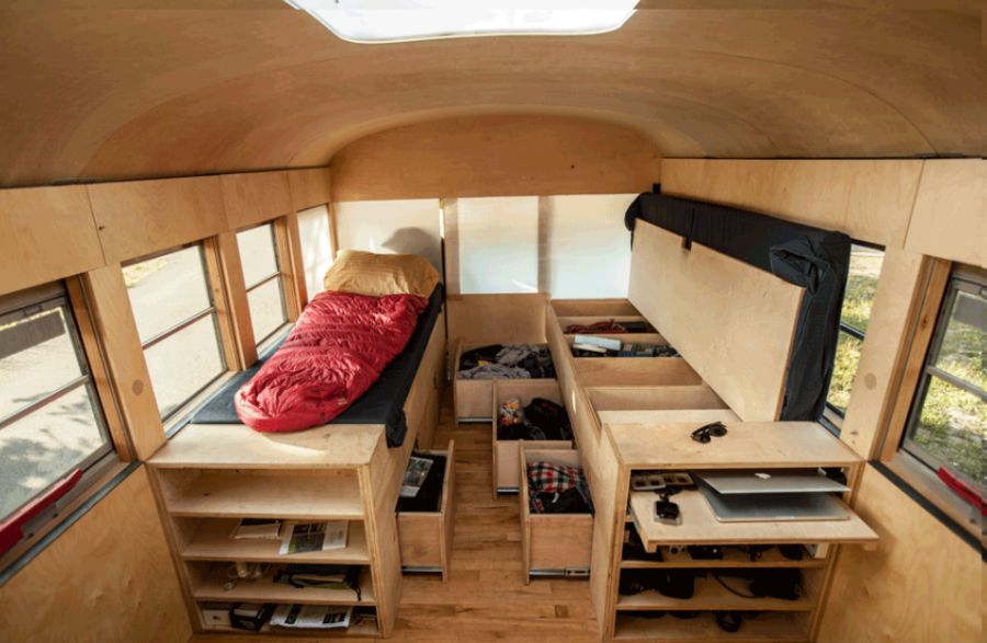 Smart storage space inside the mobile bus home