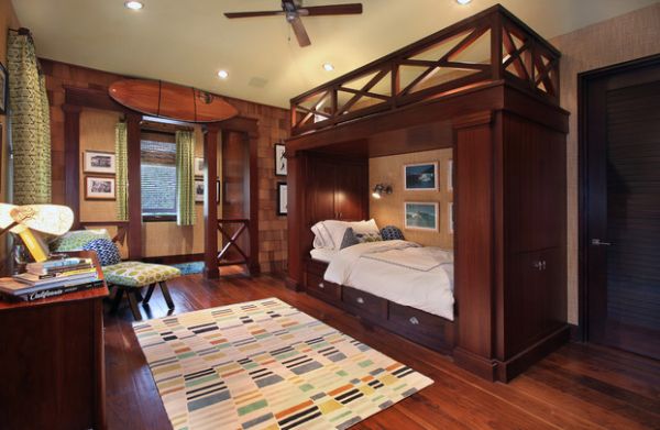 Space conscious bedroom with wooden hues