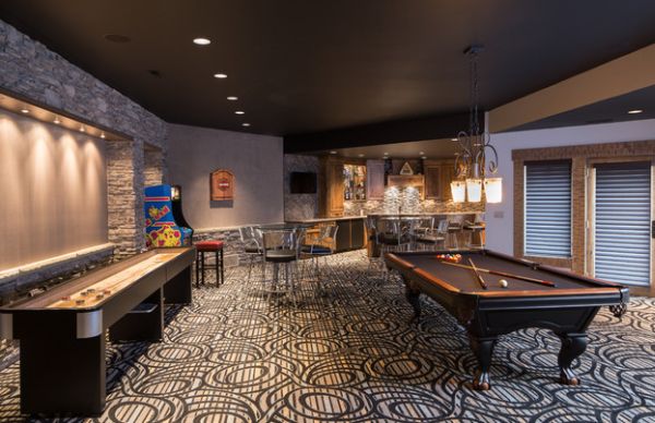 Spacious game room with an eye-catching carpet