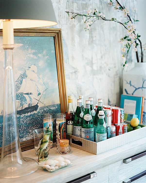 Sparkling water and soda on a bar tray