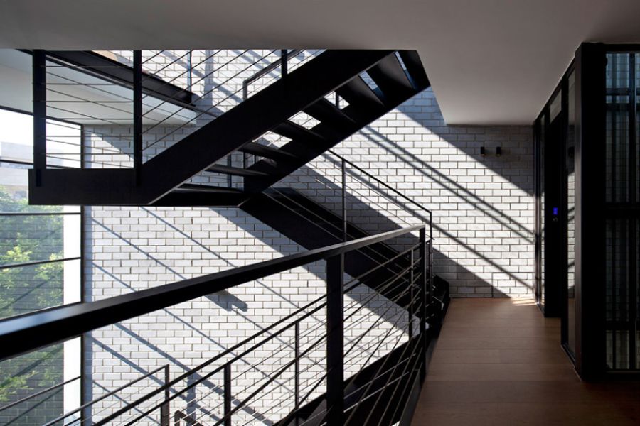 Steel staircase leading to the top level