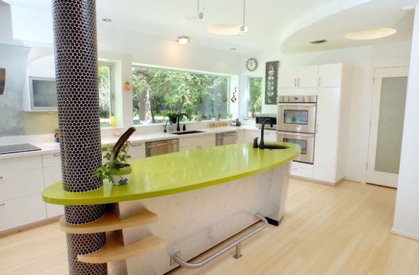 Stylish kitchen counter shaped like a surfboard