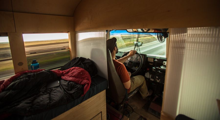 View inside the renovated bus home Hank Butitta