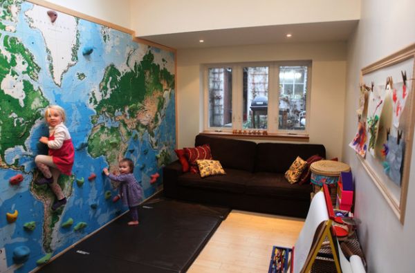 A climbing wall with right protection is a great idea in the kids' playroom