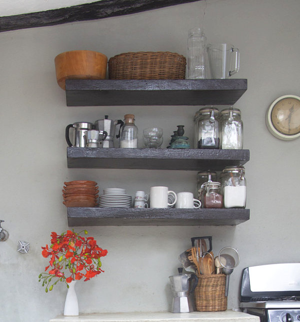 Accessories on kitchen shelving