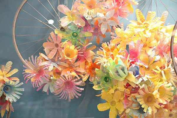 Anthropologie store display made of water and soda bottles