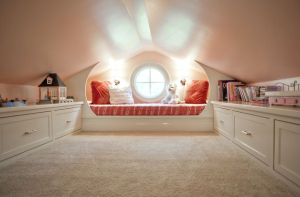 Attic playroom idea with a fabulous round window and cute decor