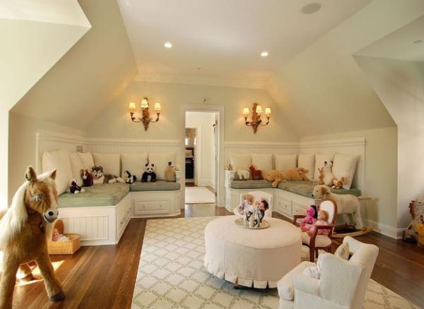 Beautiful girls' playroom idea with plush seating