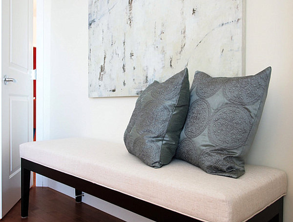 Bedroom bench with throw pillows