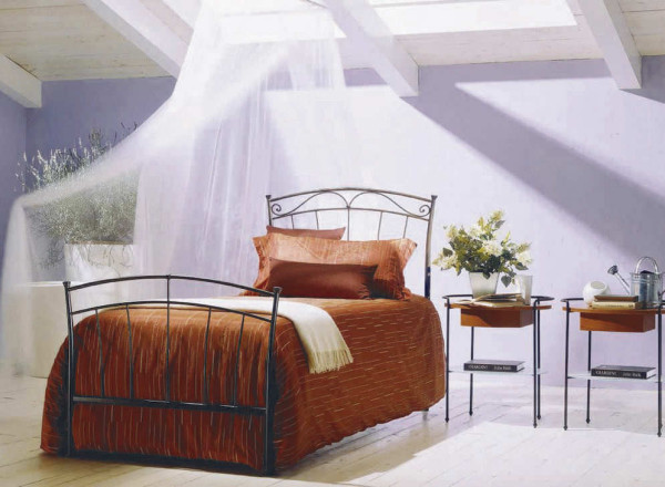 Blue Bontempi Dora Wrought Iron Bed with Orange Beadspread