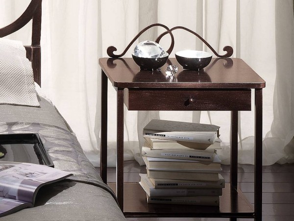 Bradley wrought iron and wood bedside table in brown