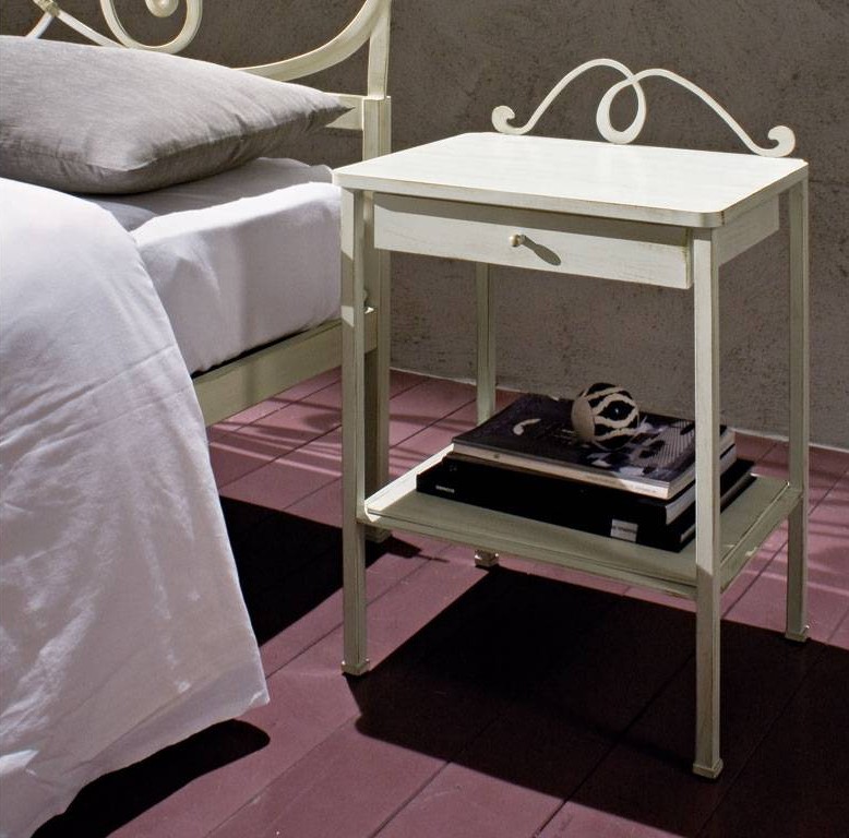 Bradley wrought iron and wood bedside table in white