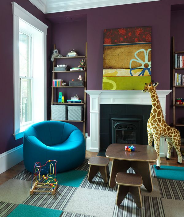 Carpet tile and ladder shelf add sophistication to the playroom