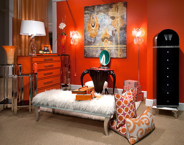 Chic orange dresser in a vibrant room