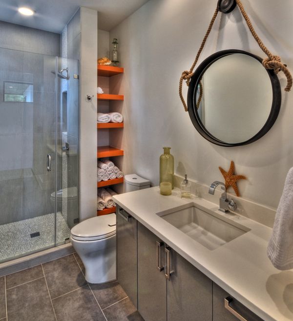 Colorful shelves spice up the bathroom in white